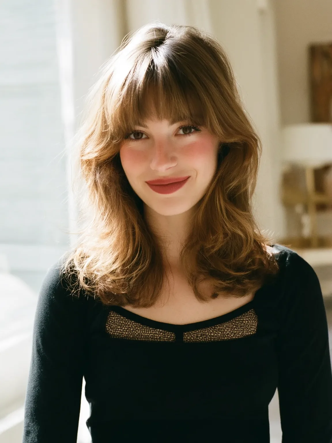 Honey Blonde Feathered Layers with Blunt Curtain Bangs